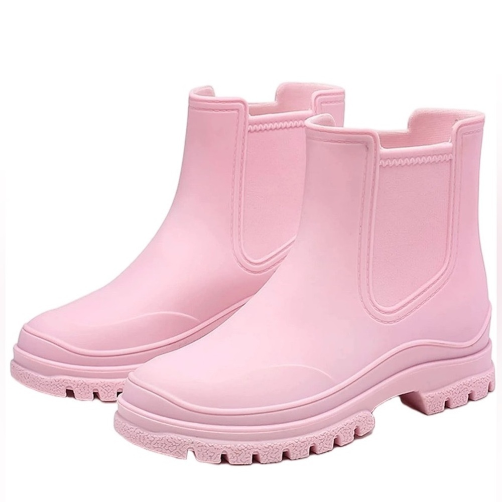 Ankle Rain Booties Waterproof Non-Slip Chunky Sole Rubber Pink Women Size 8 (40)